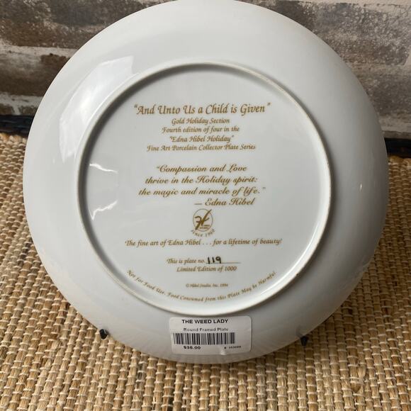 Vtg Edna Hibel And Unto Us a Child is Given Porcelain Plate 1994 Wood Frame - Picture 6 of 14